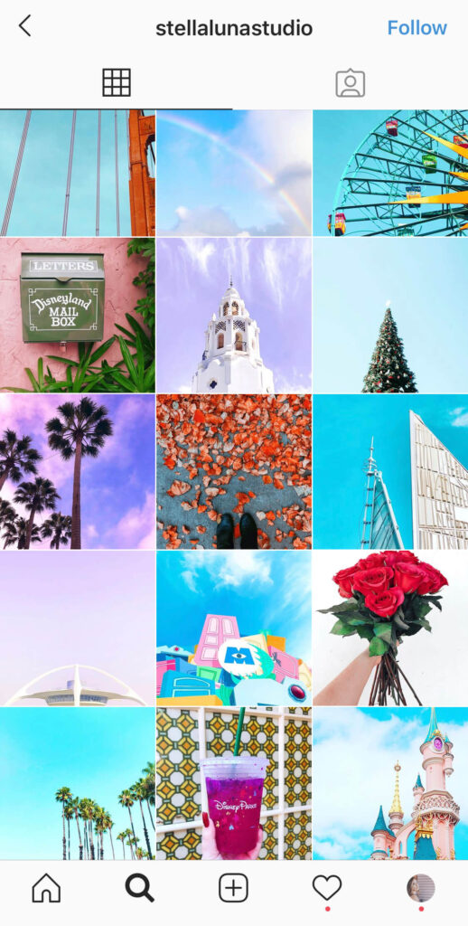 Screenshot of Instagram 9-grid with bright blue, purple and pink 