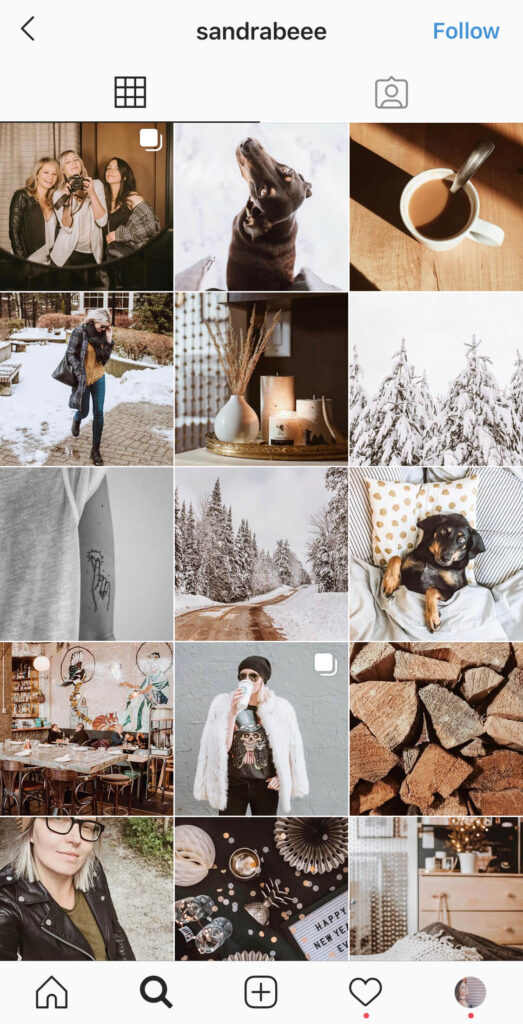 Screenshot of Instagram 9-grid with grey neutrals, green and warm beige