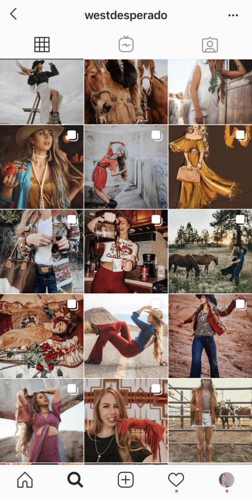 Screenshot of Instagram 9-grid with reds, blues, and browns