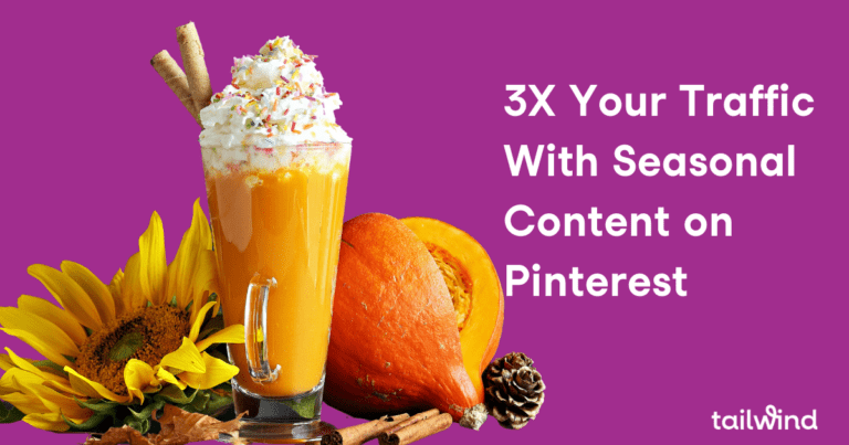 Image of a sunflower, a pumpkin, and a tall glass of an orange-colored milkshake with the words "3x your traffic with seasonal content on pinterest"