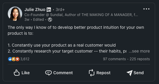 Screenshot of a LinkedIn post by Julie Zhuo about developing better product intuition 