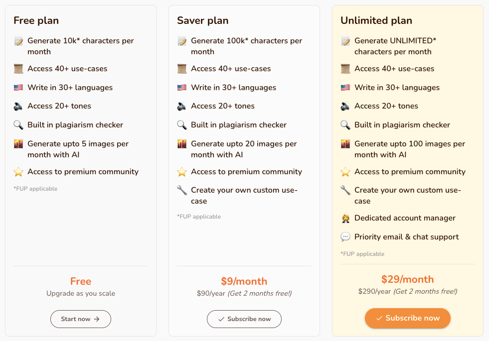 Screenshot of Rytr pricing options