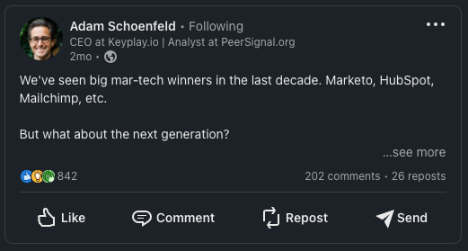 Screenshot of a LinkedIn post by Adam Schoenfeld about the next generation of big mar-tech winners.