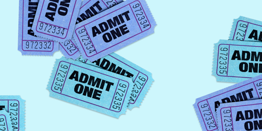 blue and purple tickets on a blue background - how to add the buy tickets button on Instagram header image