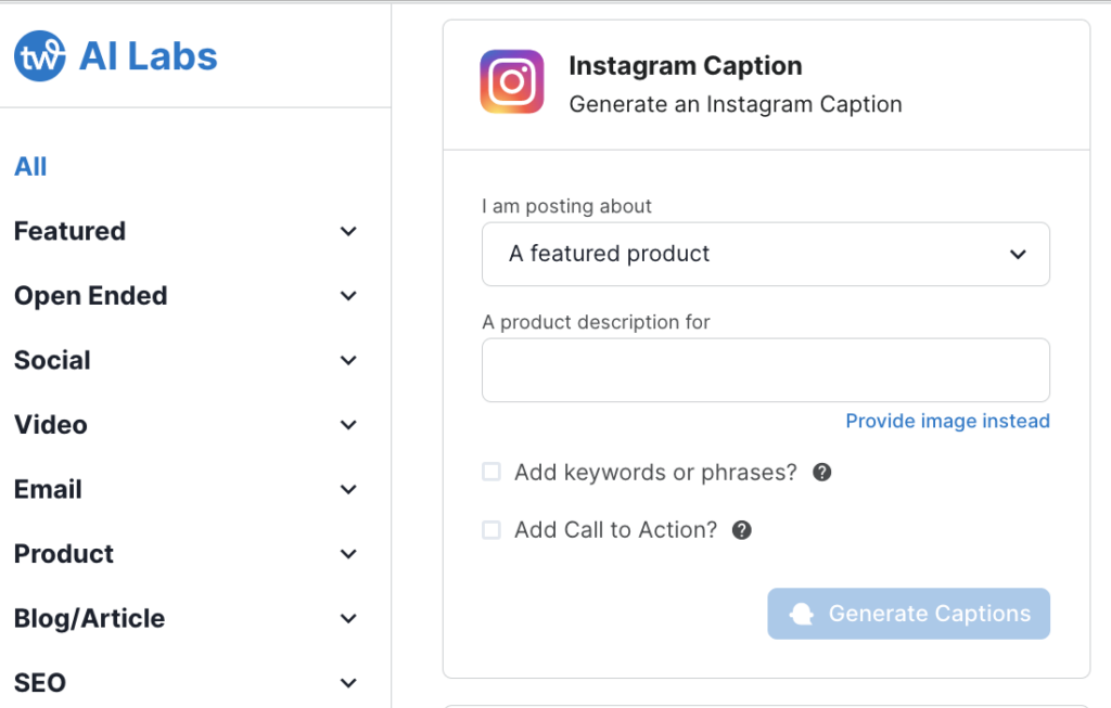 Screenshot of Tailwind Ghostwriter's AI prompt page for an Instagram Caption.