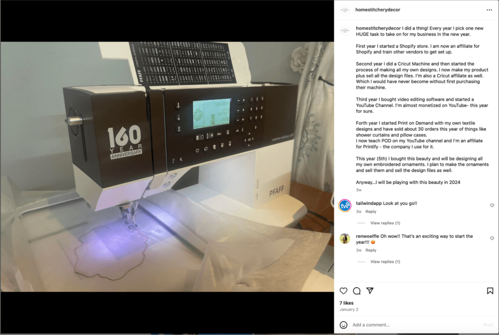 Screenshot of a new stitching machine from Home Stitchery Decor's instagram account.