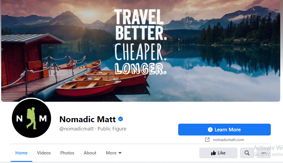 Screenshot from Facebook of a business page for Nomadic Matt.