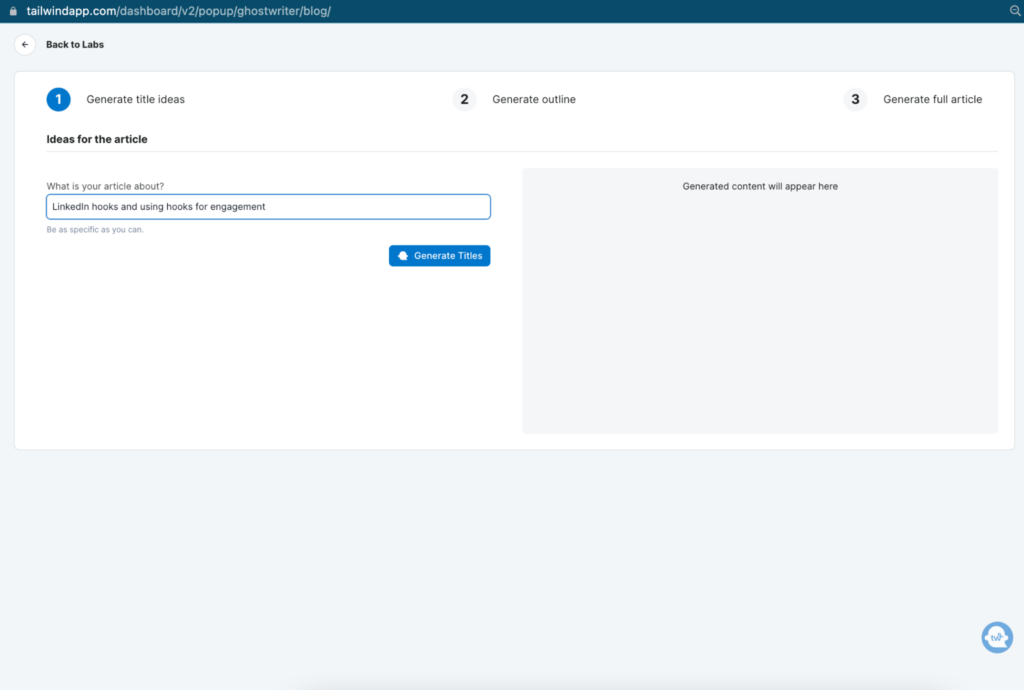 Screenshot of Tailwind Ghostwriter Generate Title Ideas