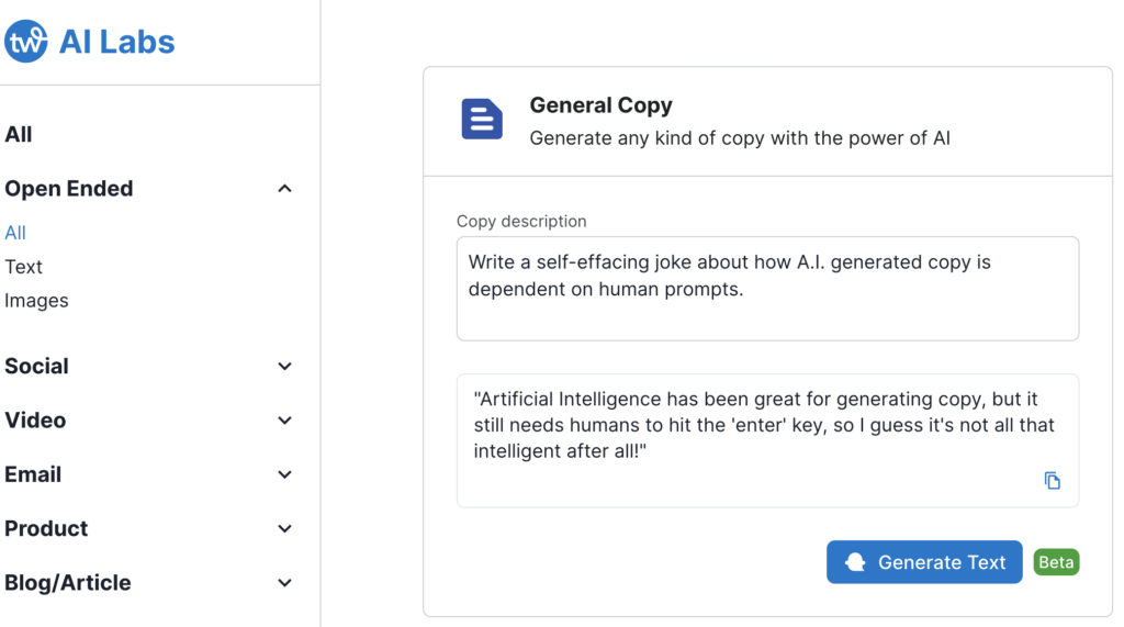 Screenshot of Tailwind Ghostwriter's General Copy AI prompt page.