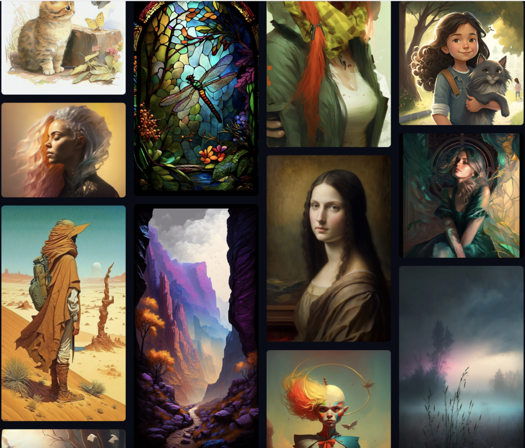 Thumbnails of a variety of AI-generated art