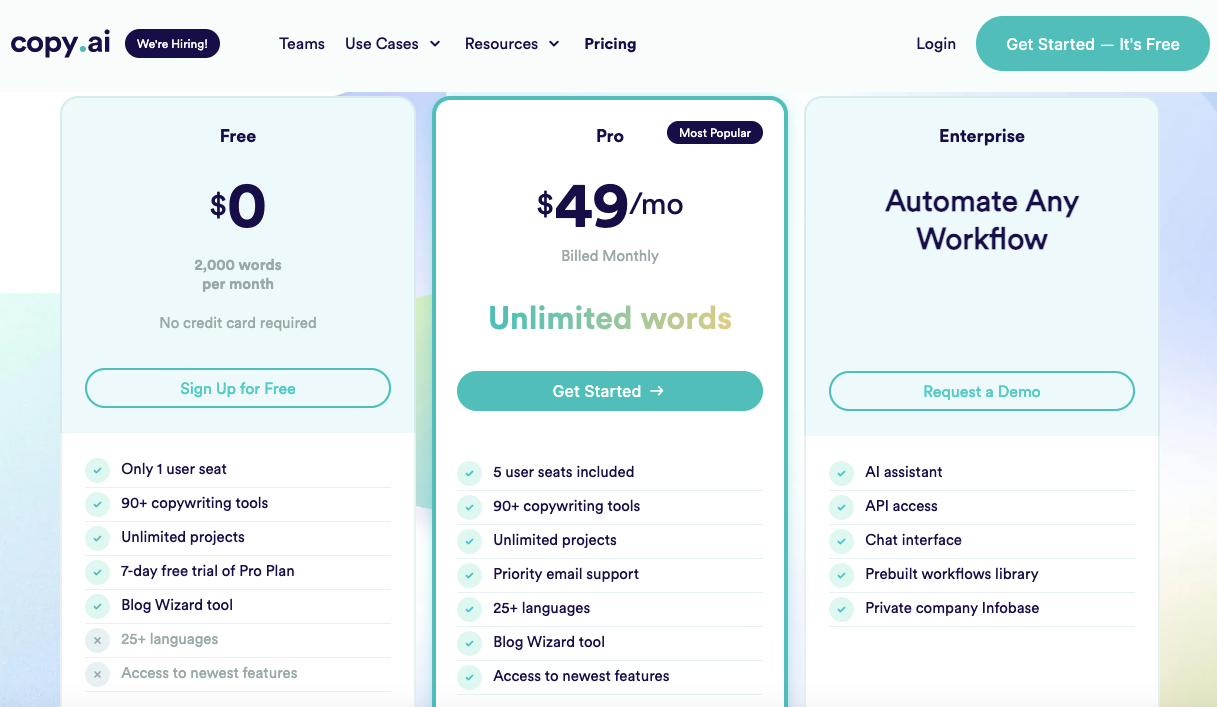 Screenshot of the website page listing the pricing options for copy.ai