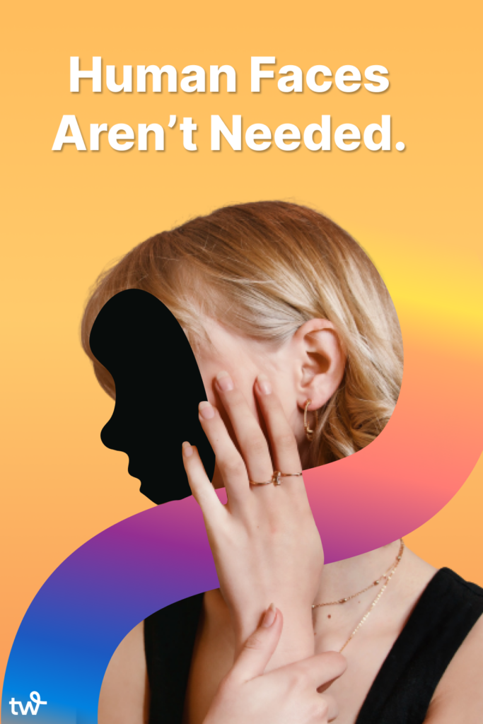 Side profile of a woman whose face has been blacked out modeling rings on her hand with the text "Human Faces Aren't Needed."