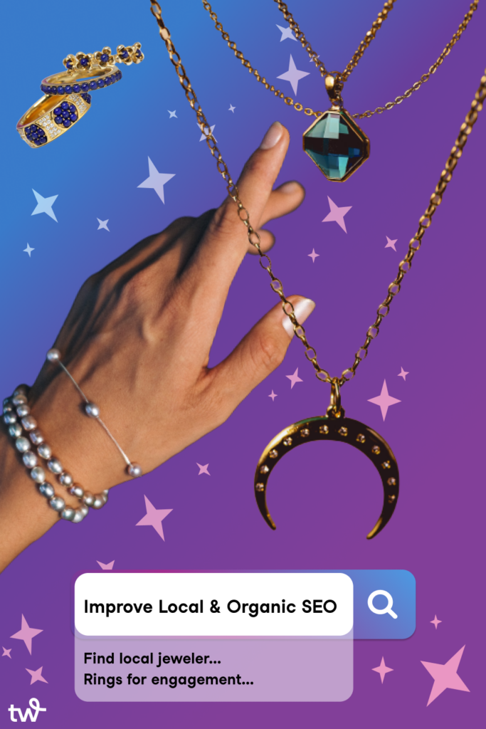 Image of a woman's hand wearing bracelets and a search text box with the words "Improve Local & Organic SEO" in it.