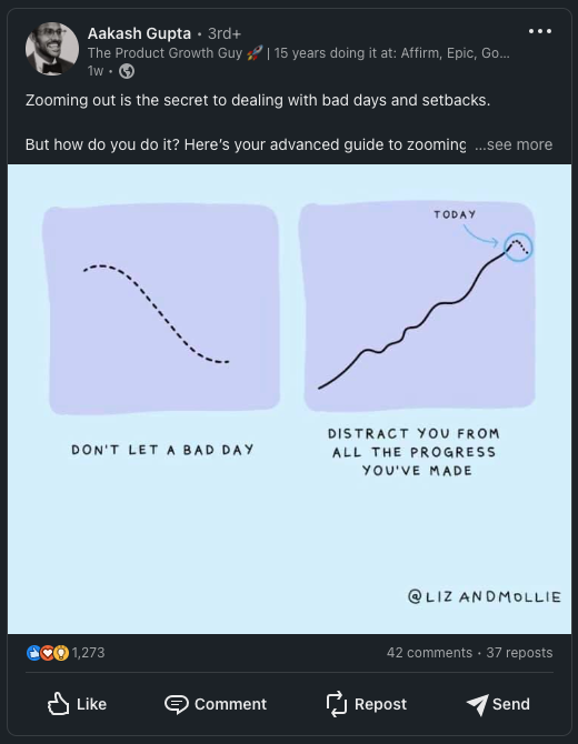 Screenshot of a LinkedIn post by Aakash Gupta with a graphic about zooming out on a bad day to see overall improvement in life