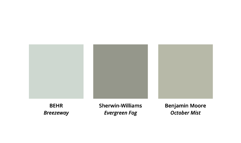 Color of the year paint swatches from BEHR, Sherwin-Williams and Benjamin Moore in shades of green