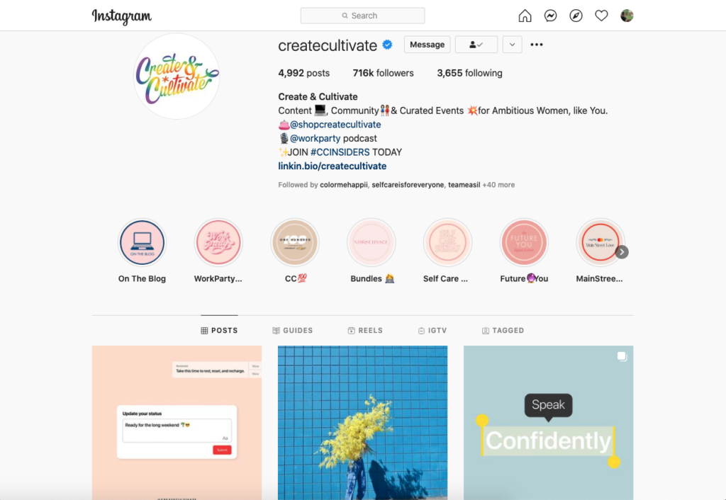 a screenshot of Create and Cultivate's Instagram profile