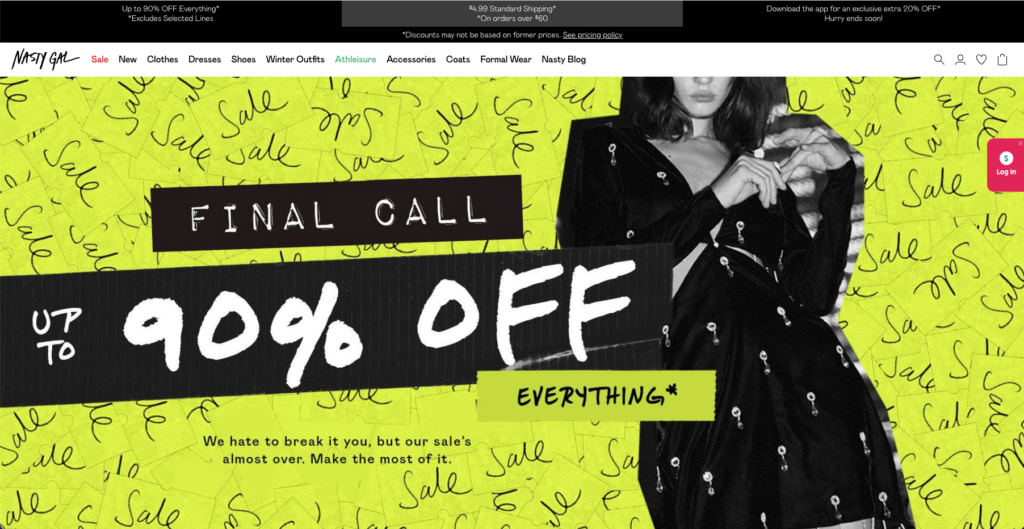 Screenshot of the website homepage for Nasty Gal.