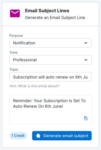 Screenshot of Ghostwriter AI notification email generator