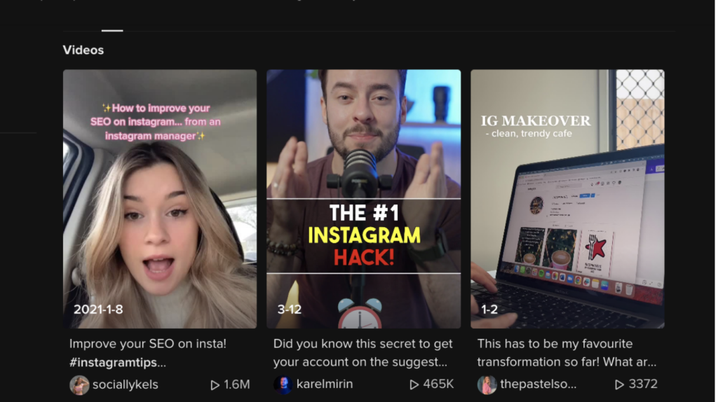 Screenshot of several Tiktok video thumbnails.