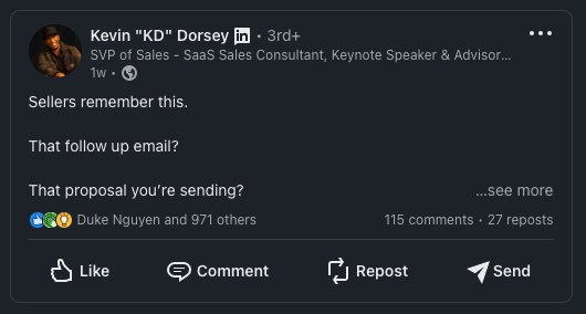 Screenshot of a LinkedIn post by Kevin "KD" Dorsey using very brief statements and questions to communicate to sellers.