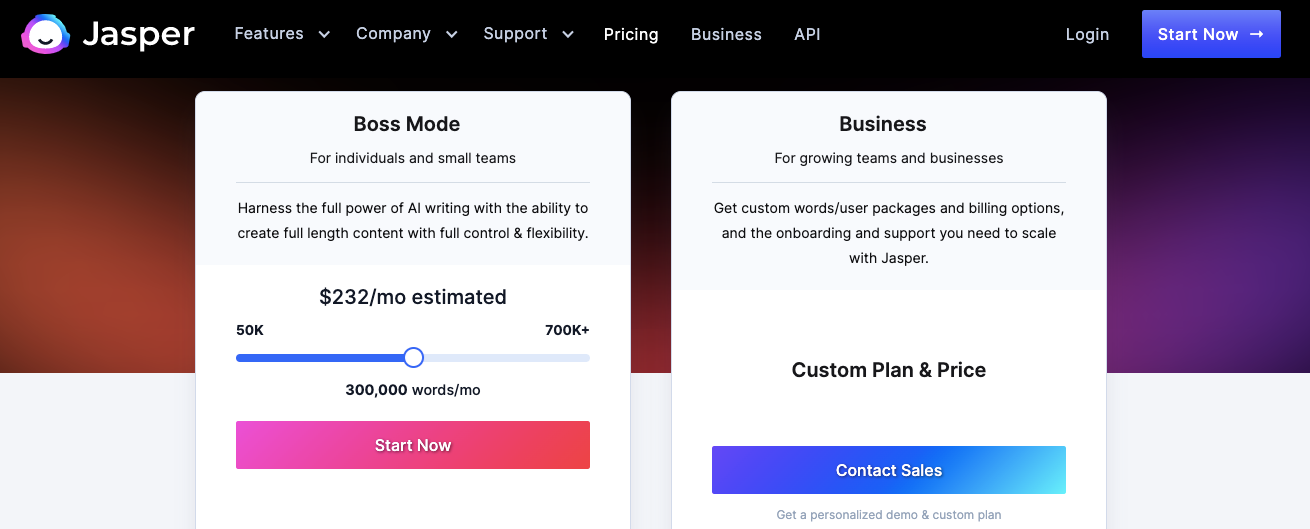 Screenshot of jasper.ai pricing from the website